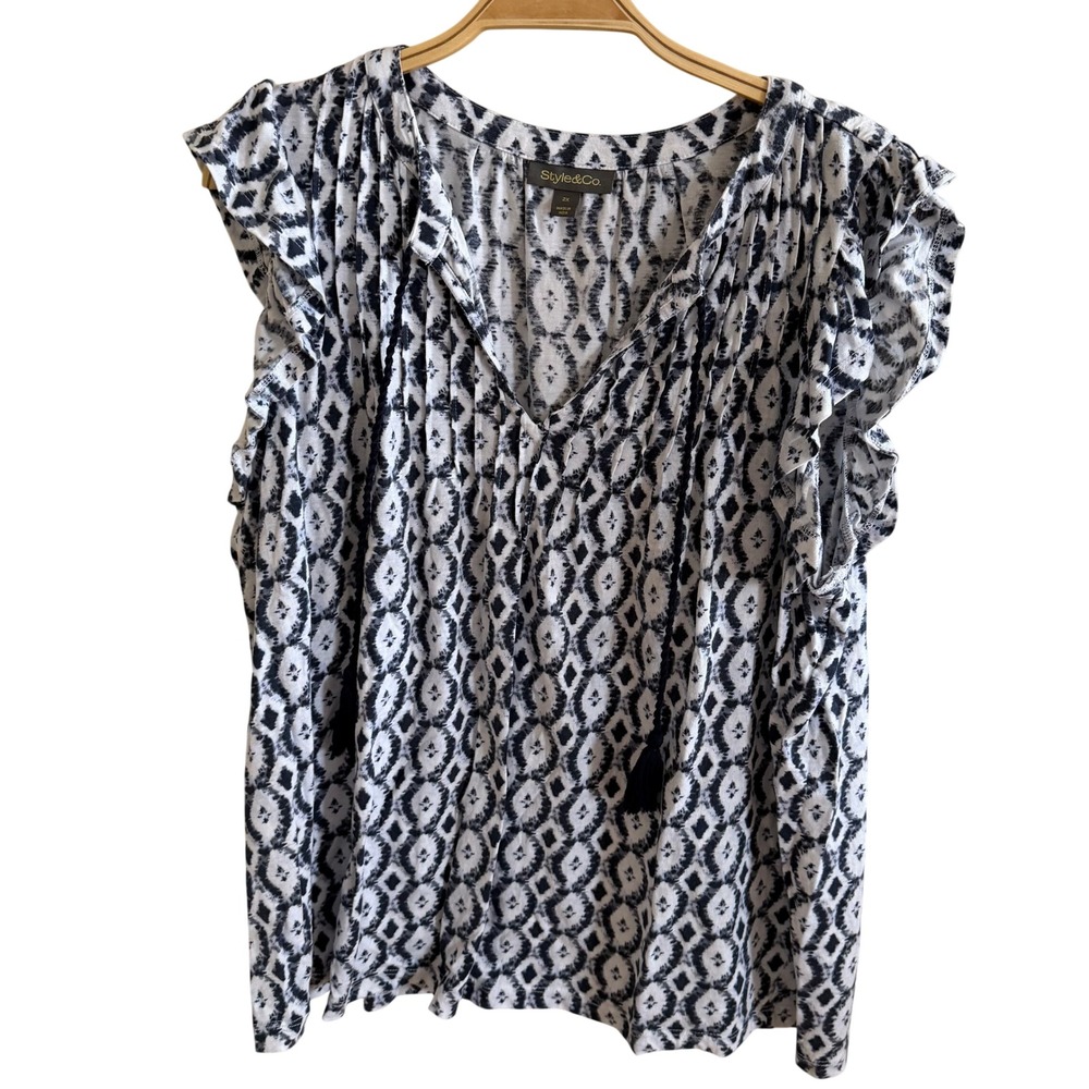 Style‎ & Co Womens 2X Navy Blue White Ikat Diamond Tassel Ruffle Cap Sleeve Top